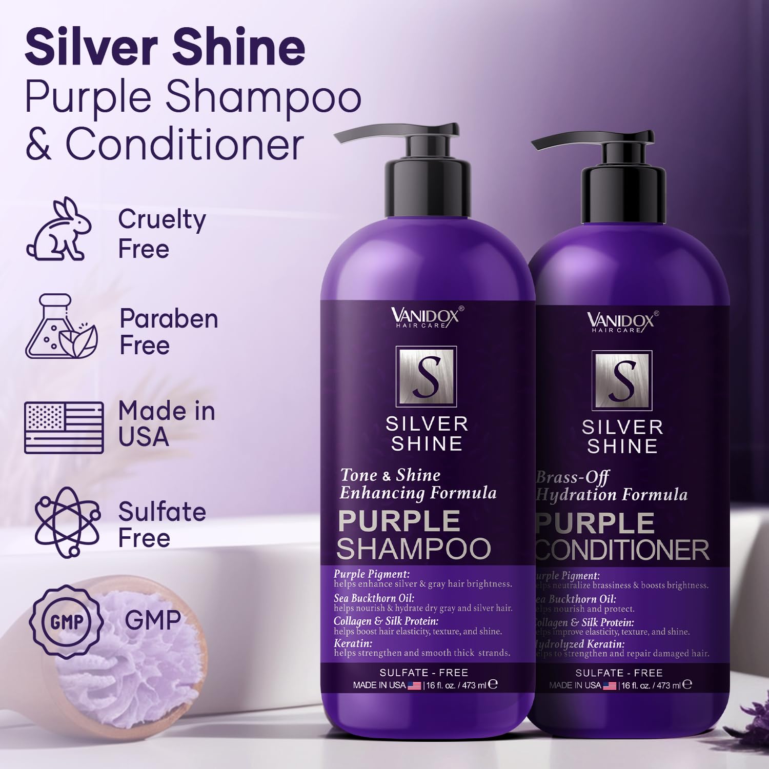 Après-shampooing violet VANIDOX nourrissant en flacon, cheveux doux et faciles à coiffer