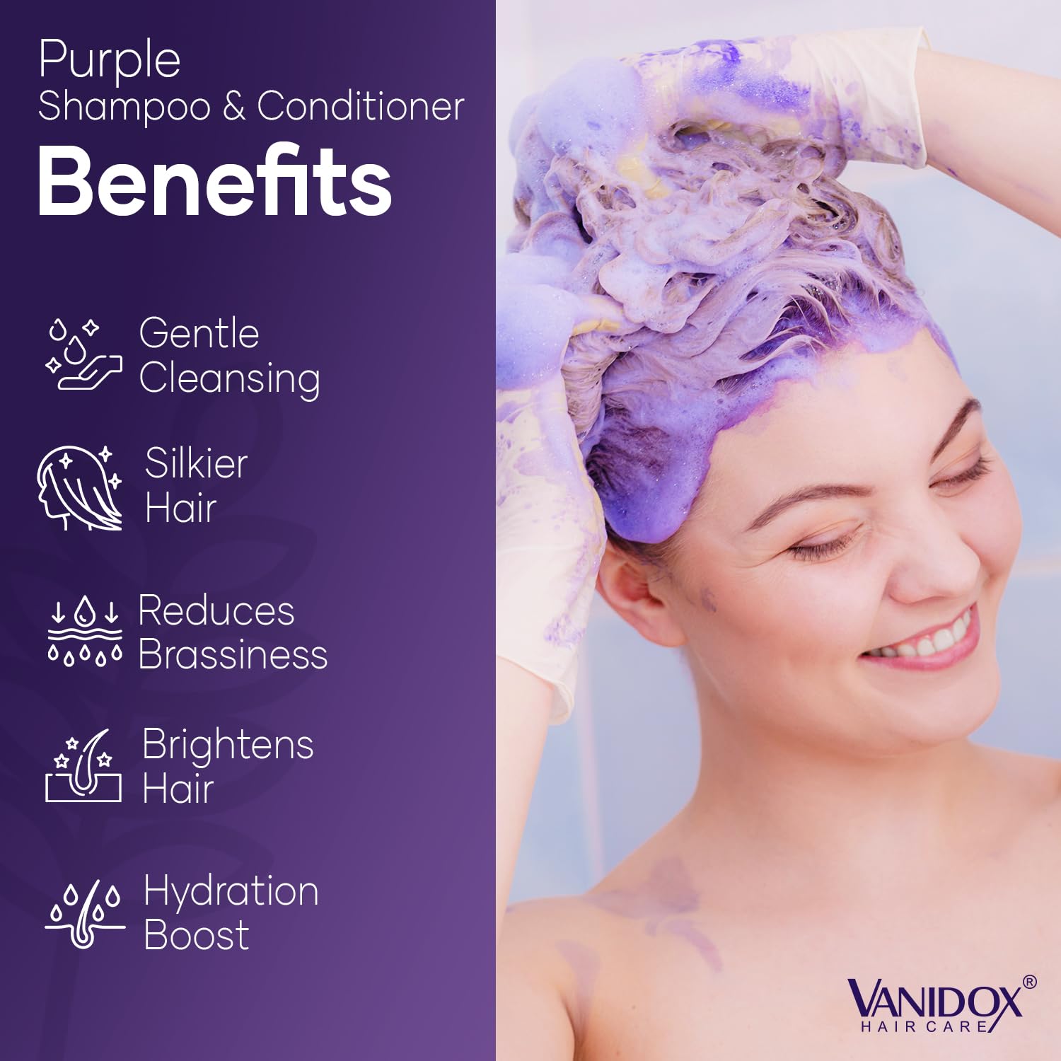 Texture du shampooing violet VANIDOX en main, application facile et tonalité soutenue