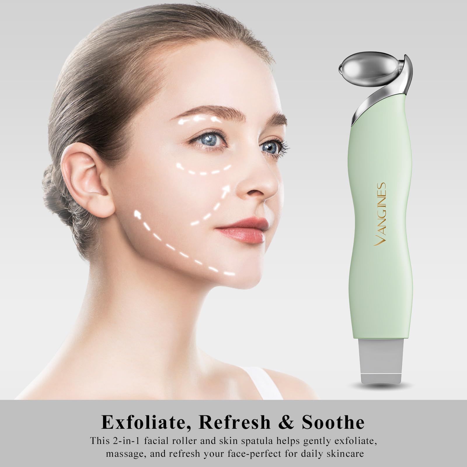 Design 2-en-1 Vangines, grattoir et rouleau pour le soin du visage.