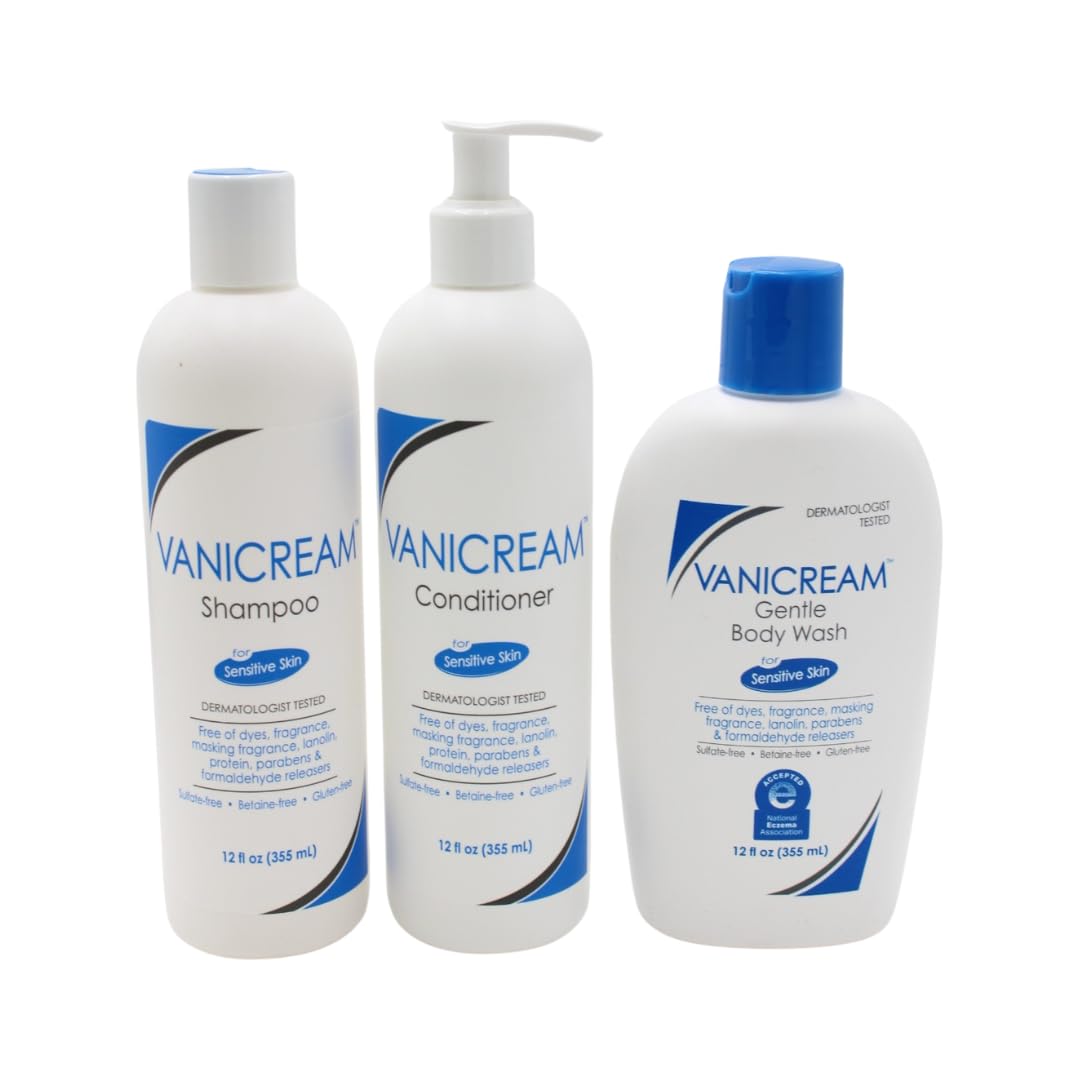Vanicream – ensemble bouteilles shampoing, après-shampoing et gel douche sans parfum.
