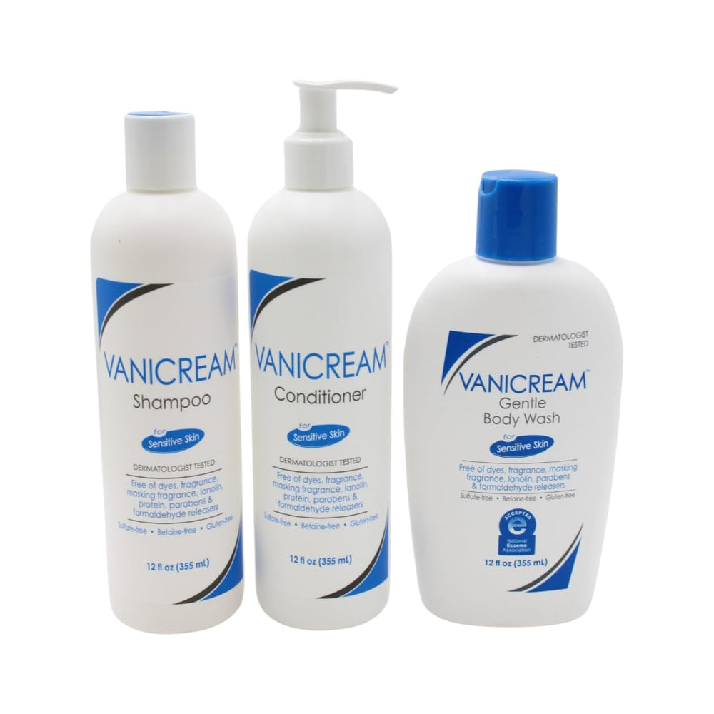 Vanicream – ensemble bouteilles shampoing, après-shampoing et gel douche sans parfum.