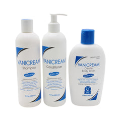 Vanicream – ensemble bouteilles shampoing, après-shampoing et gel douche sans parfum.