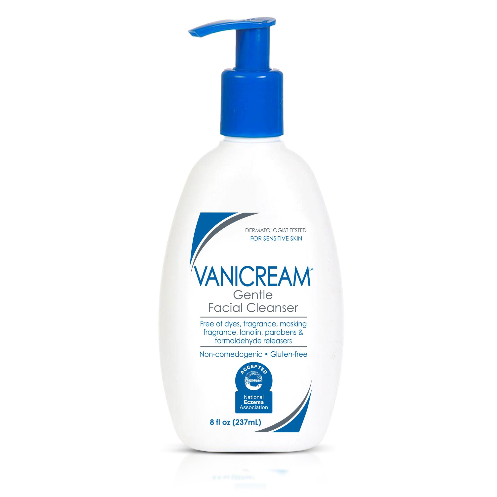 Nettoyant Vanicream visage doux en bouteille pompe, nettoyage délicat pour peau sensible.