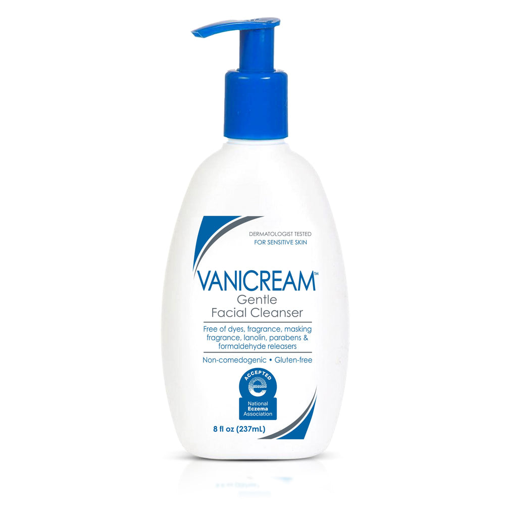Nettoyant Vanicream visage doux en bouteille pompe, nettoyage délicat pour peau sensible.