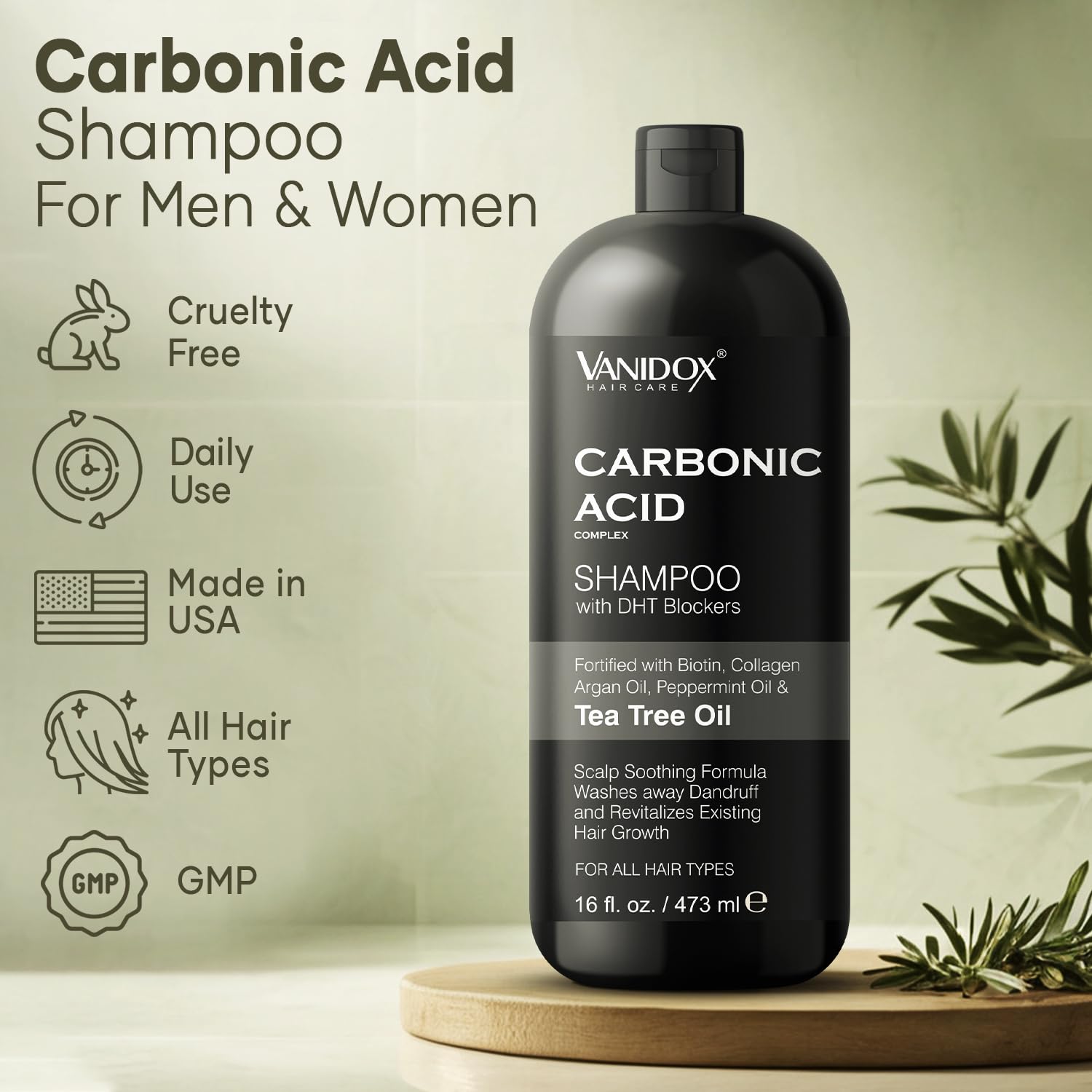 Étiquette VANIDOX Carbonic Acid indiquant sa formule sans sulfates et sans parabènes.