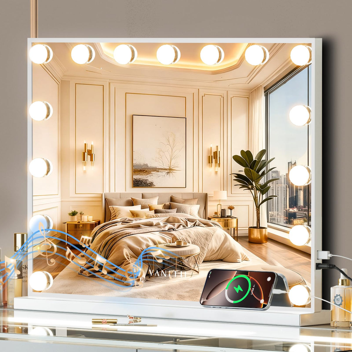 Miroir VANITII GLOBAL avec ampoules, reflet net pour maquillage précis.