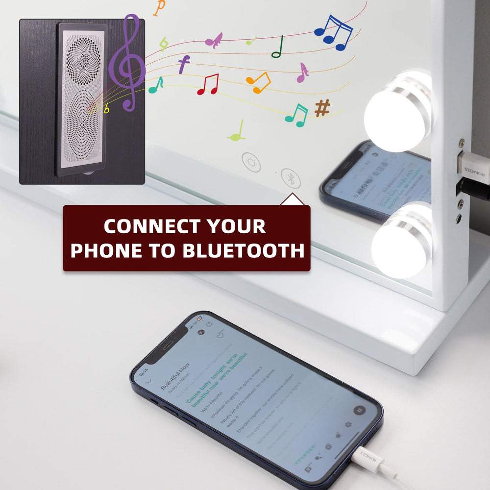 Miroir VANITII GLOBAL avec haut-parleur Bluetooth et charge USB pour musique et appels.