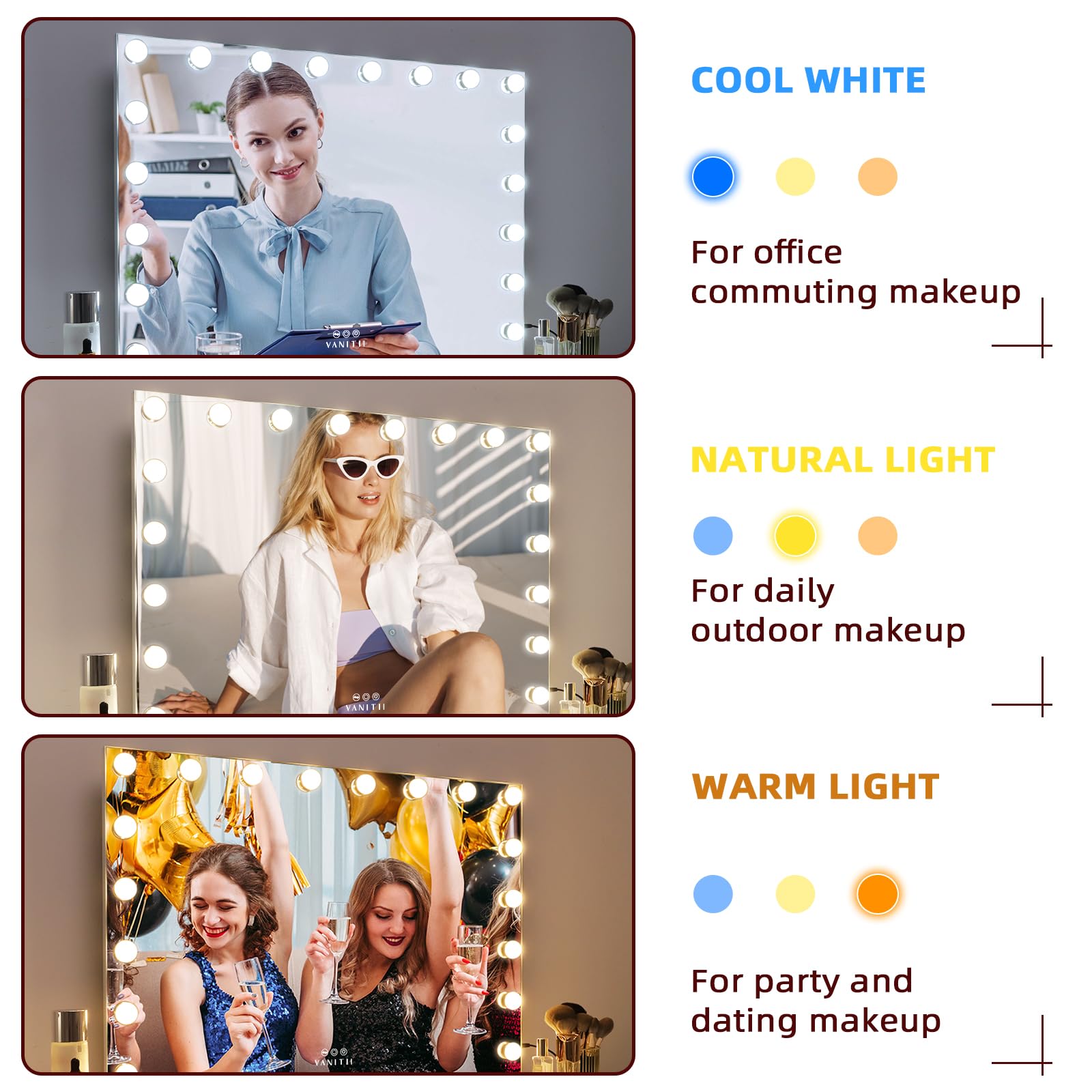Port USB VANITII intégré pour charger appareil pendant maquillage.