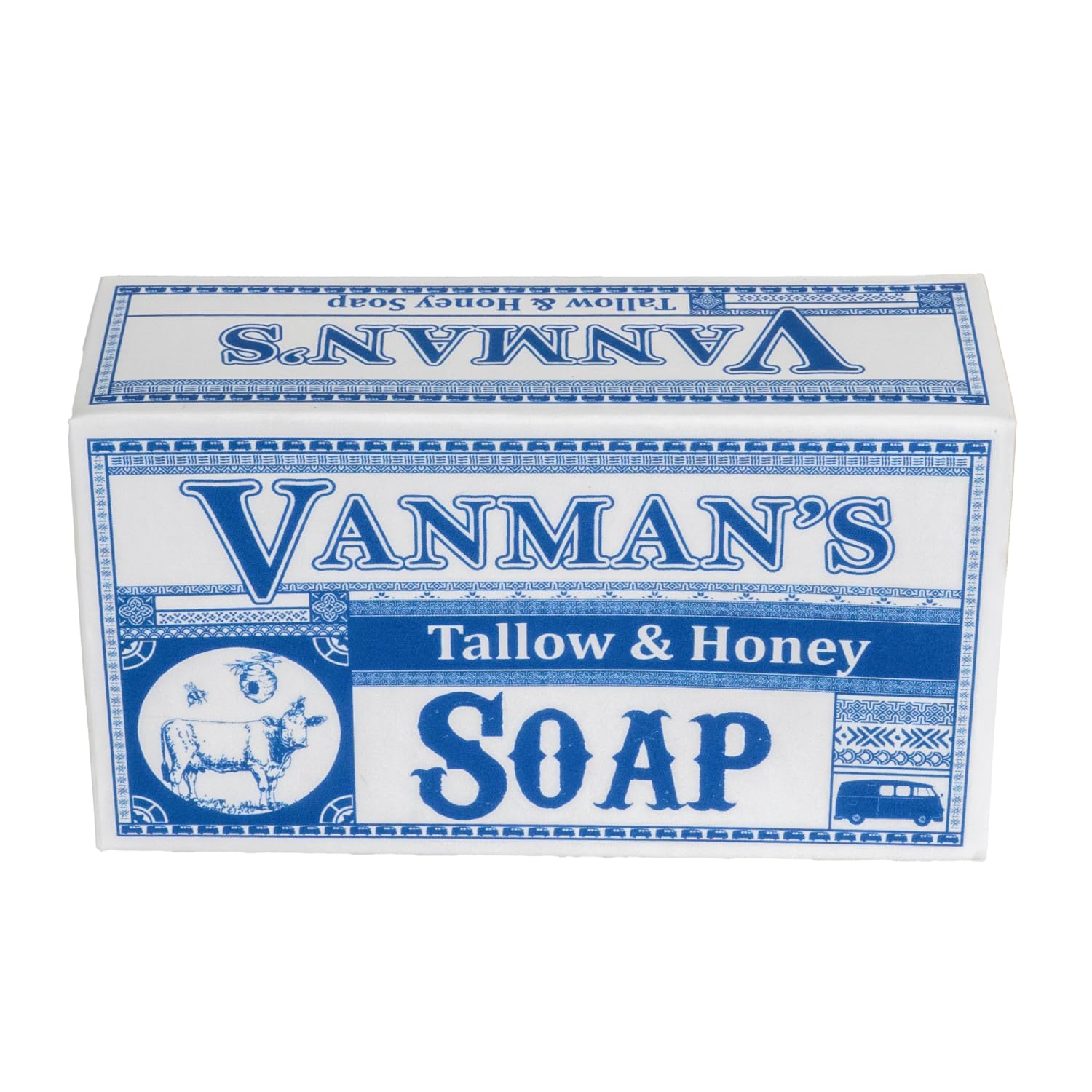 Savon VanMan en barre au suif de bœuf et miel, parfum vanille organique, hydratation douce.