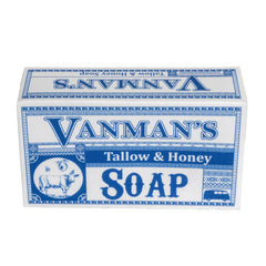 Savon VanMan en barre au suif de bœuf et miel, parfum vanille organique, hydratation douce.