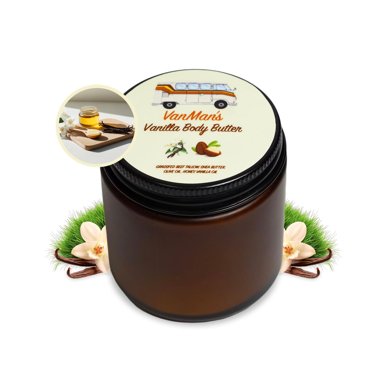 VanMan suif-boeuf fouetté crème-corps vanille, hydratation durable et texture aérienne.