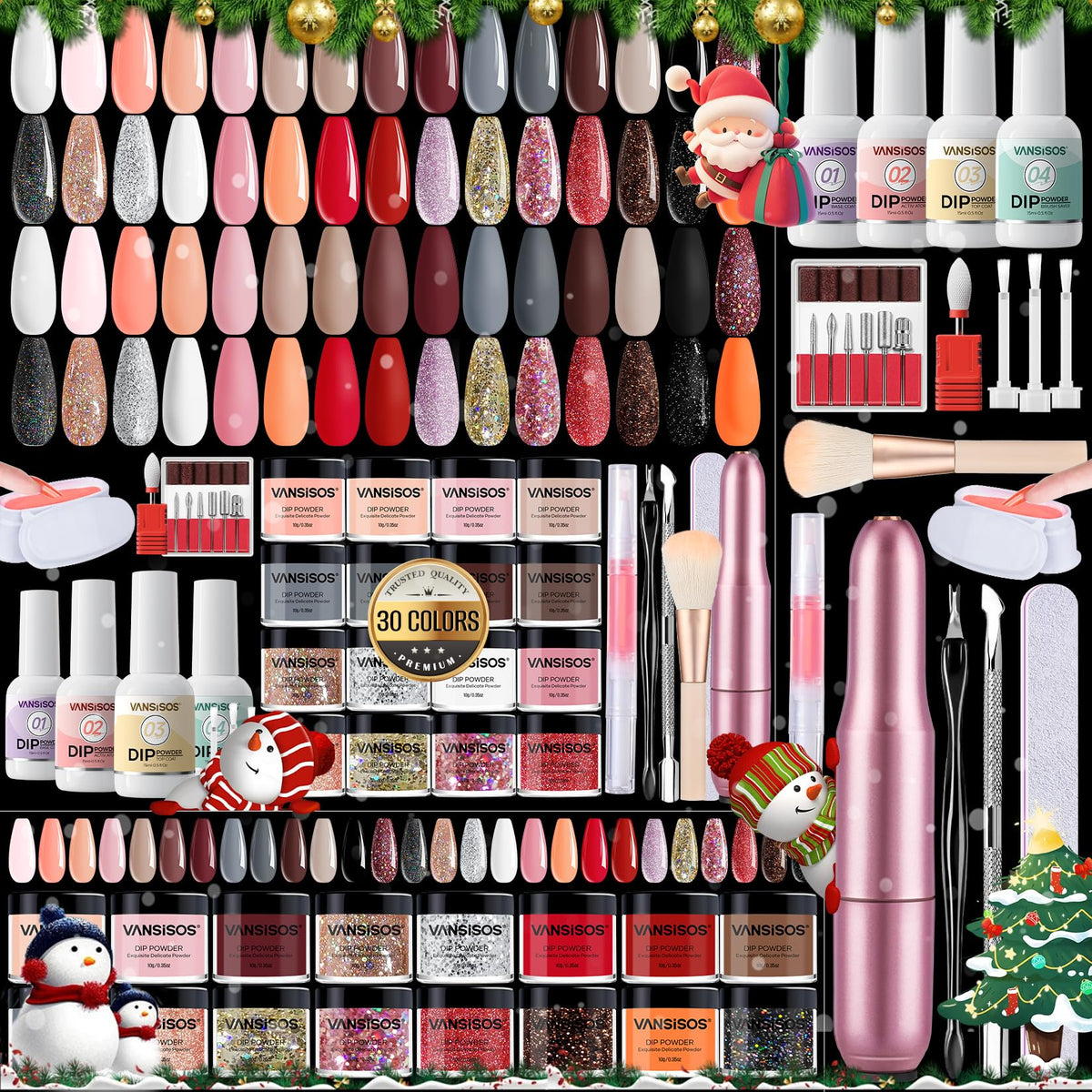 VANSISOS kit dip poudre 30 couleurs pour une manucure maison polyvalente.