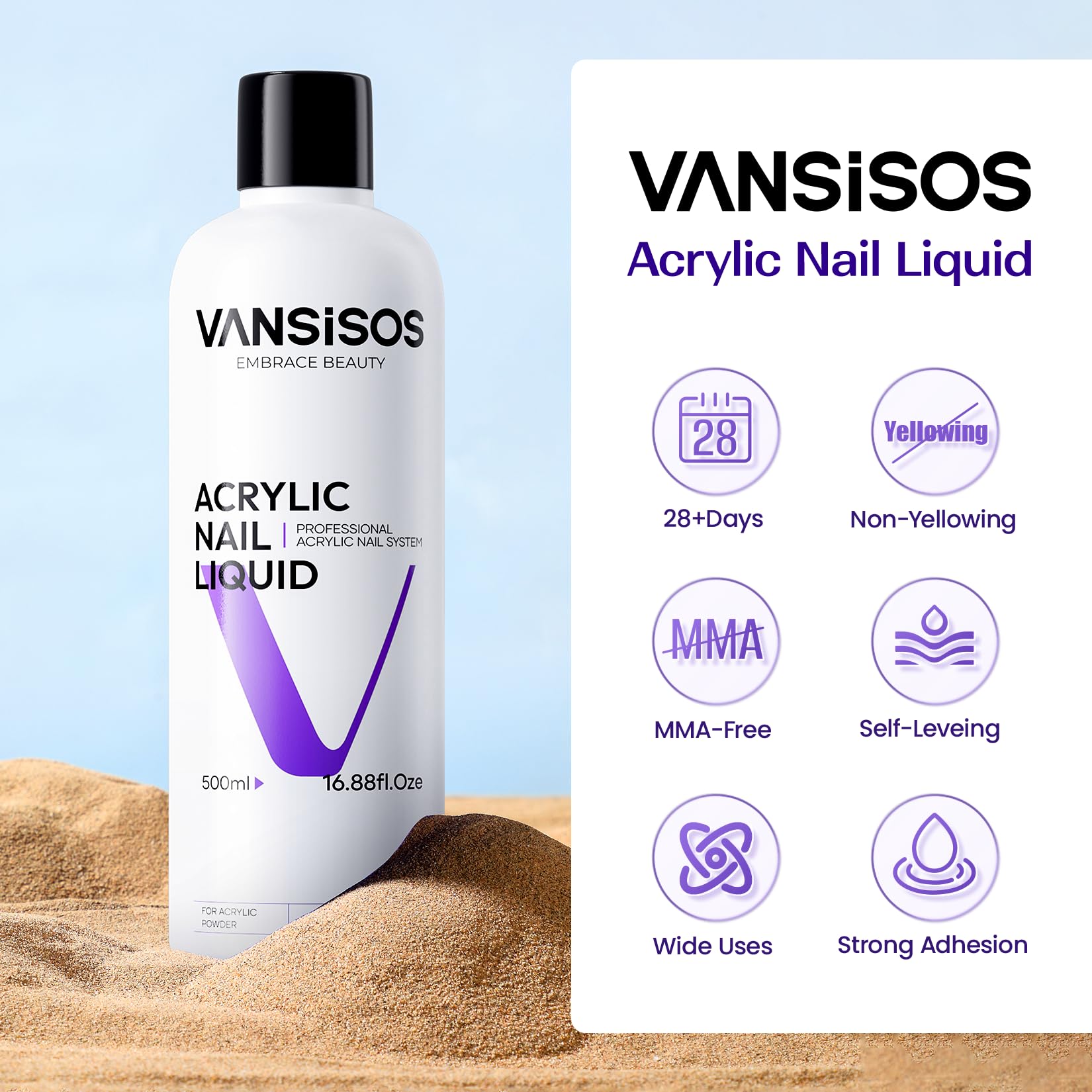 VANSISOS monomère acrylique 500 ml pour une pose d'ongles professionnelle.