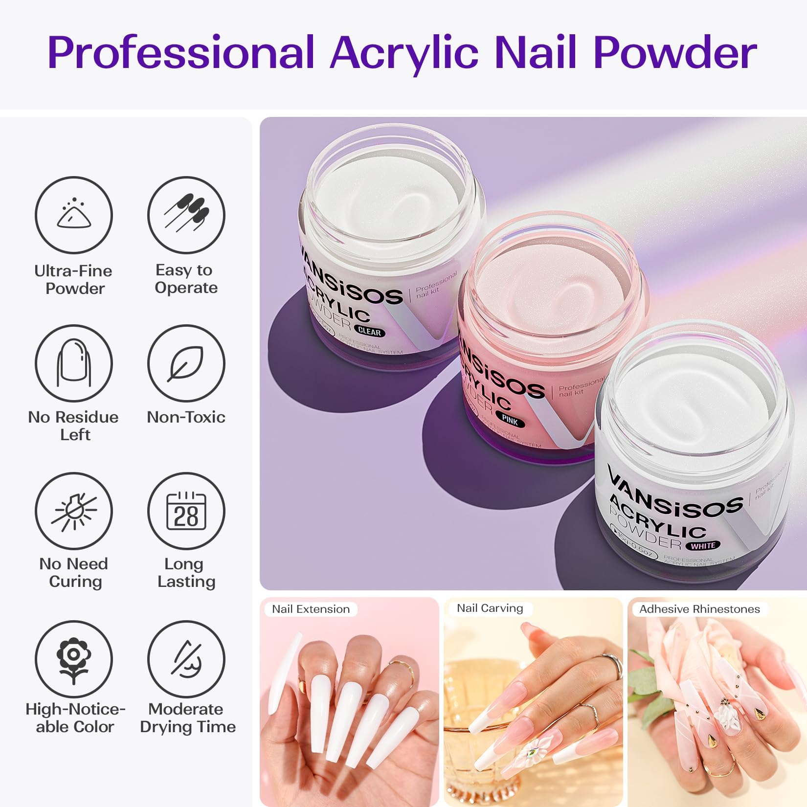 VANSISOS poudre acrylique couleurs variées – effet clair et travail en perles facilité.