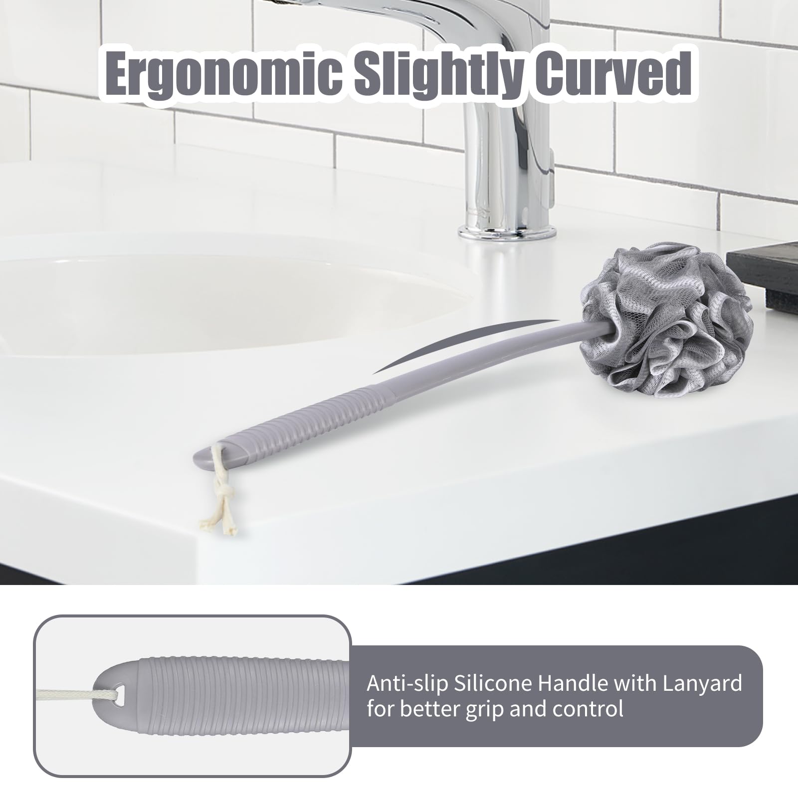 VANZAVANZU Loofah manche ergonomique pour atteindre zones difficiles.
