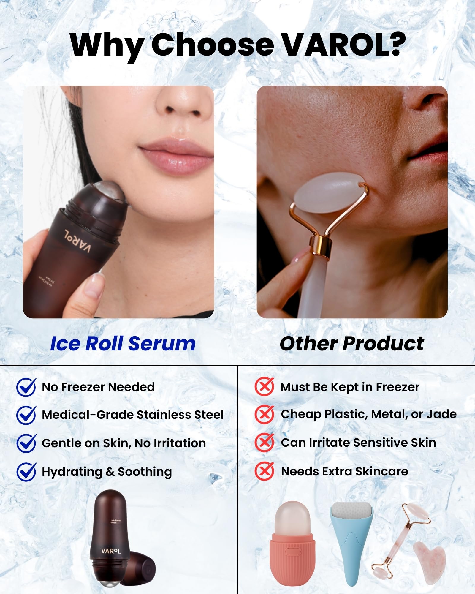 VAROL Ice Roll Serum étui capuchon — rangement propre et portable.