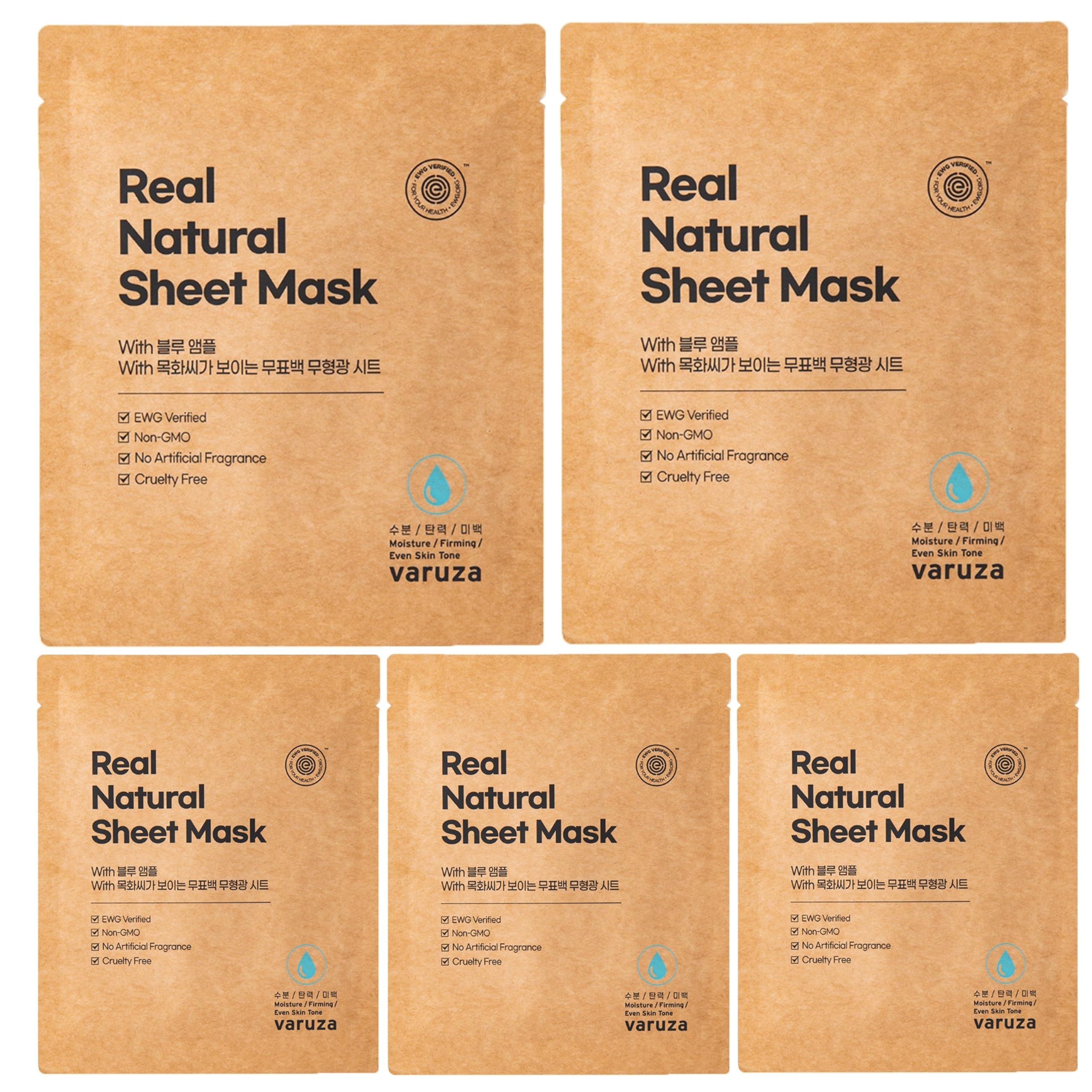 Varuza Real Natural Sheet Mask emballage bleu et ampoule, hydration nourrissante.