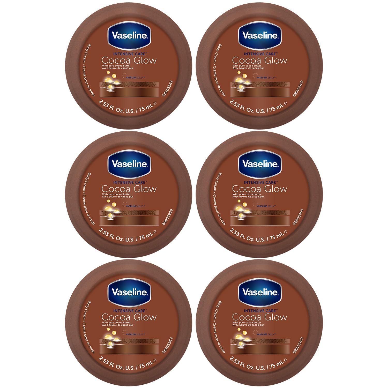 Vaseline Cocoa Glow, crème corps 6x75 ml, hydratation durable.