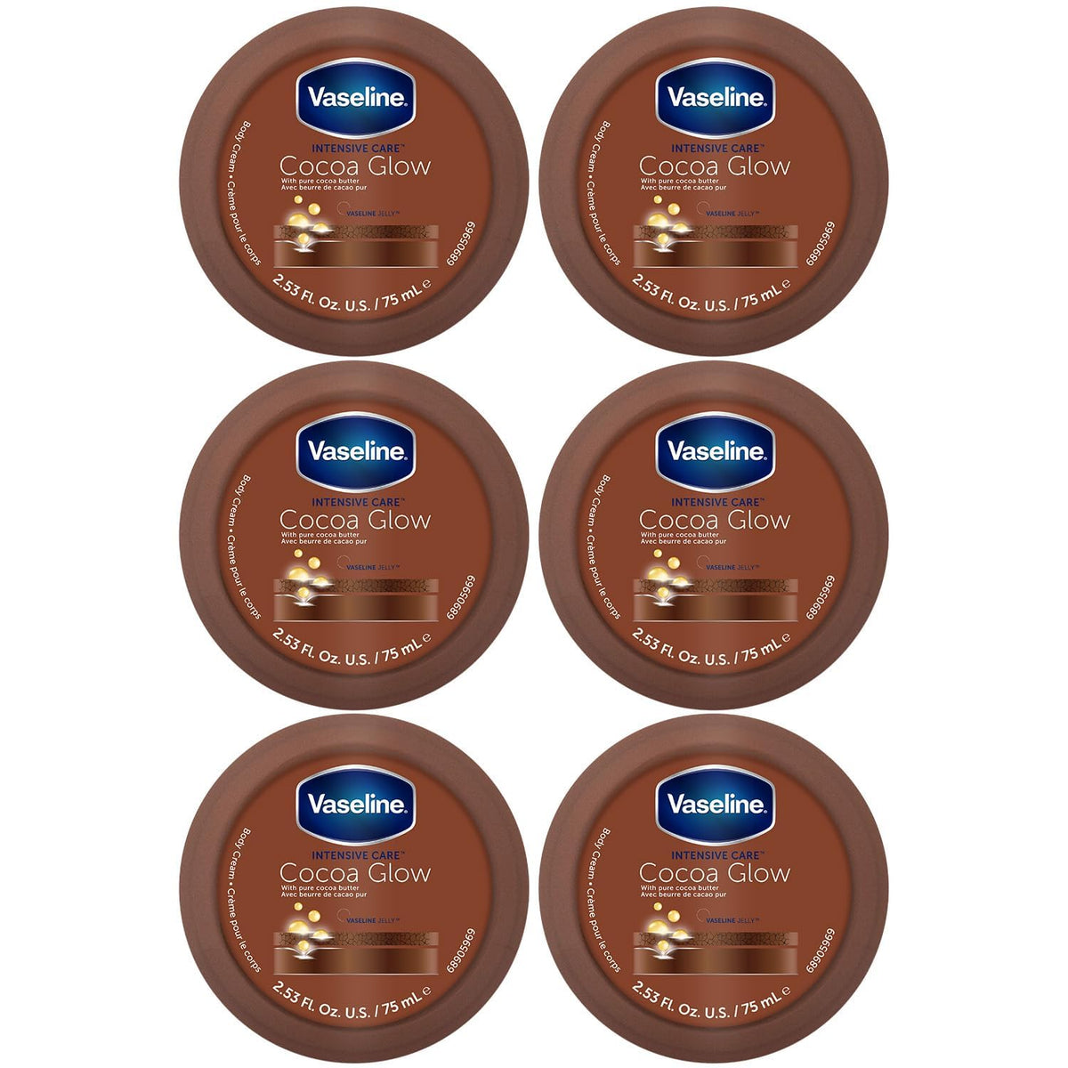 Vaseline Cocoa Glow, crème corps 6x75 ml, hydratation durable.