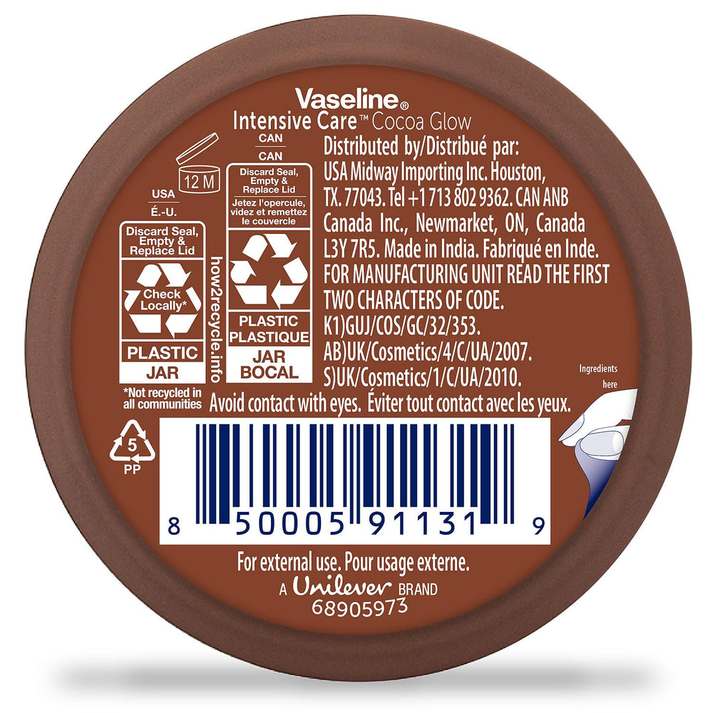 Texture à absorption rapide de Vaseline Cocoa Glow, peau souple sans gras