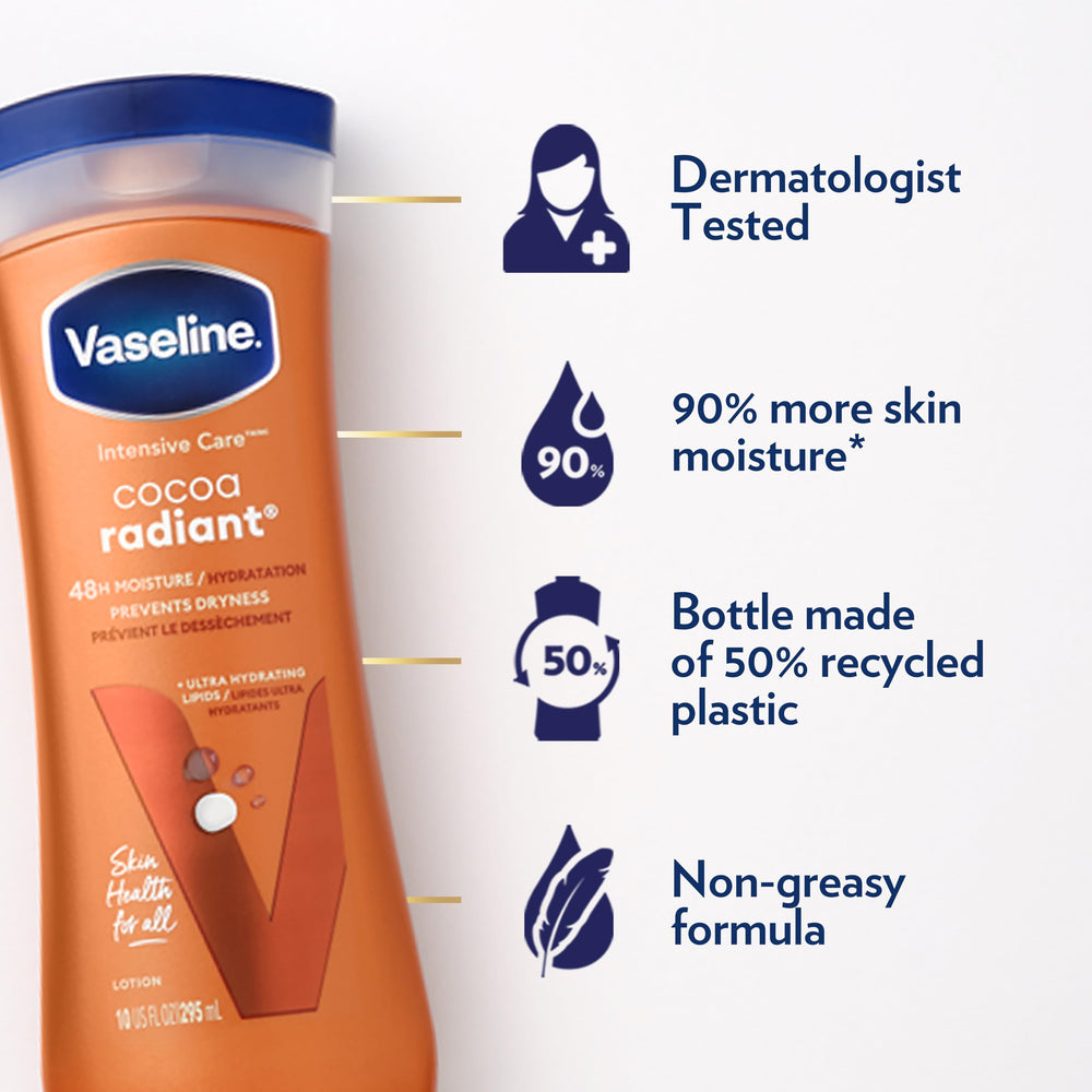 Vaseline Cocoa Radiant: soin au beurre de cacao pur et lipides hydratants.