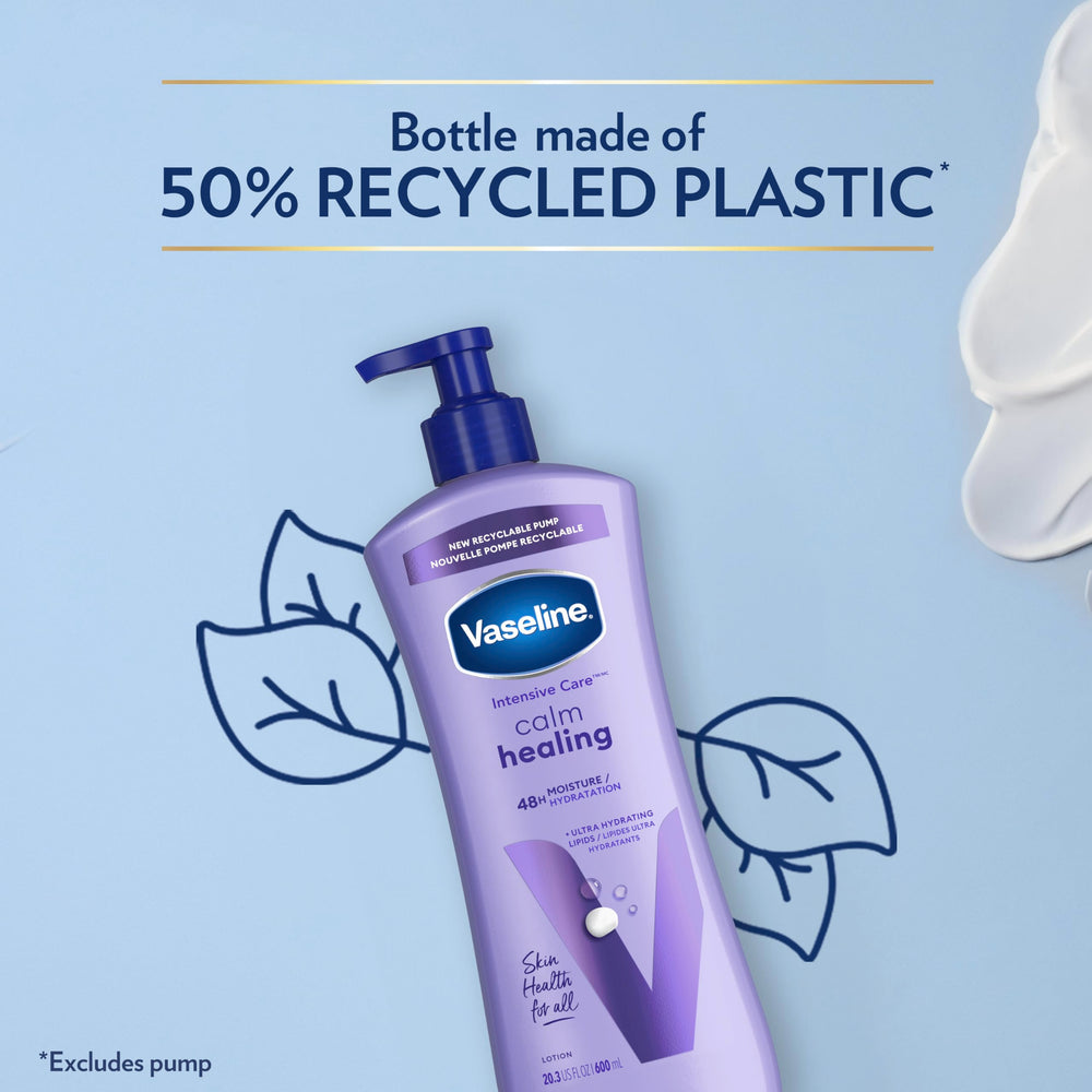 Vaseline Intensive Care Calm Healing Lotion, emballage recyclable: soin responsable et hydratant.