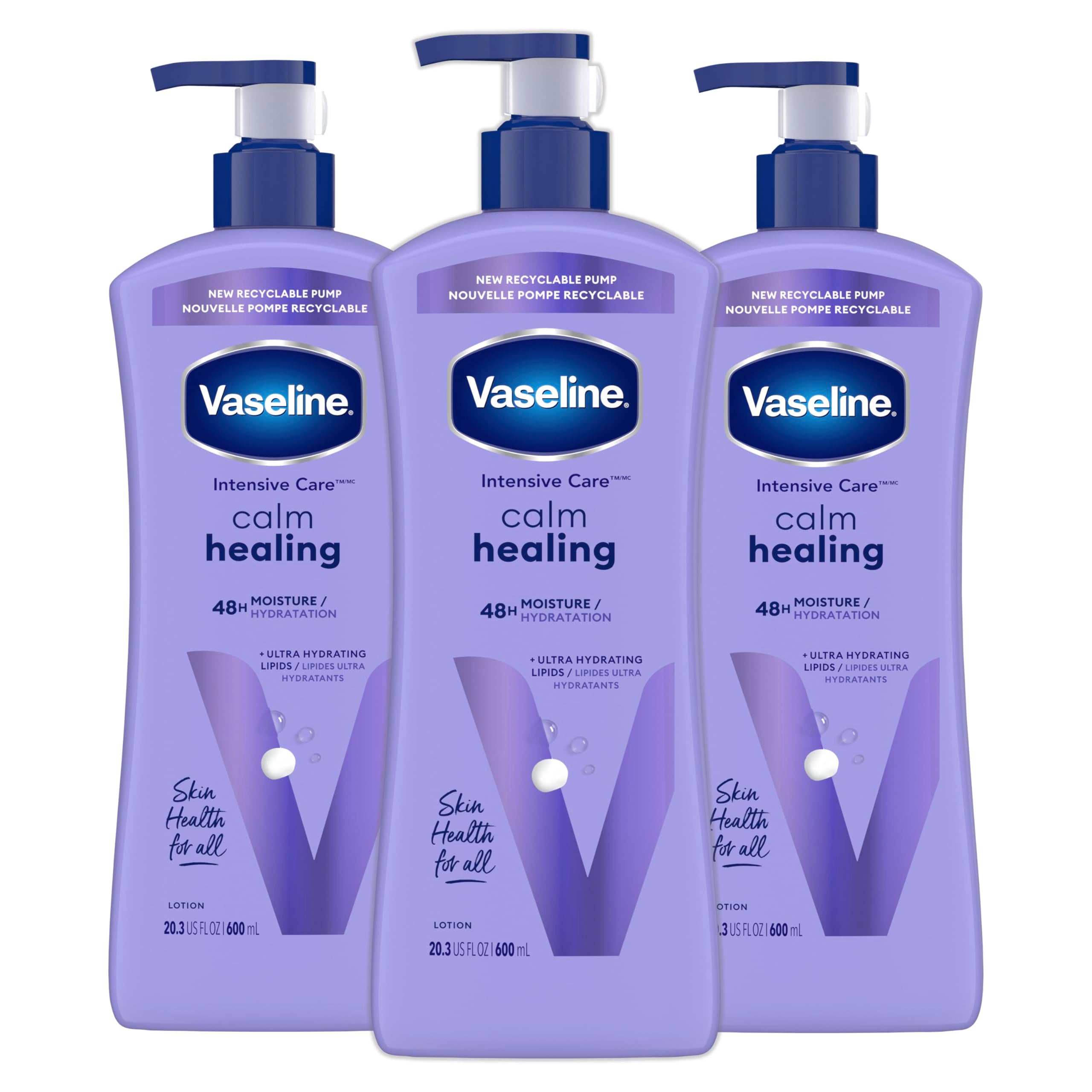 Vaseline Intensive Care Calm Healing Lotion, bouteille : hydratation durable pour peau sèche.