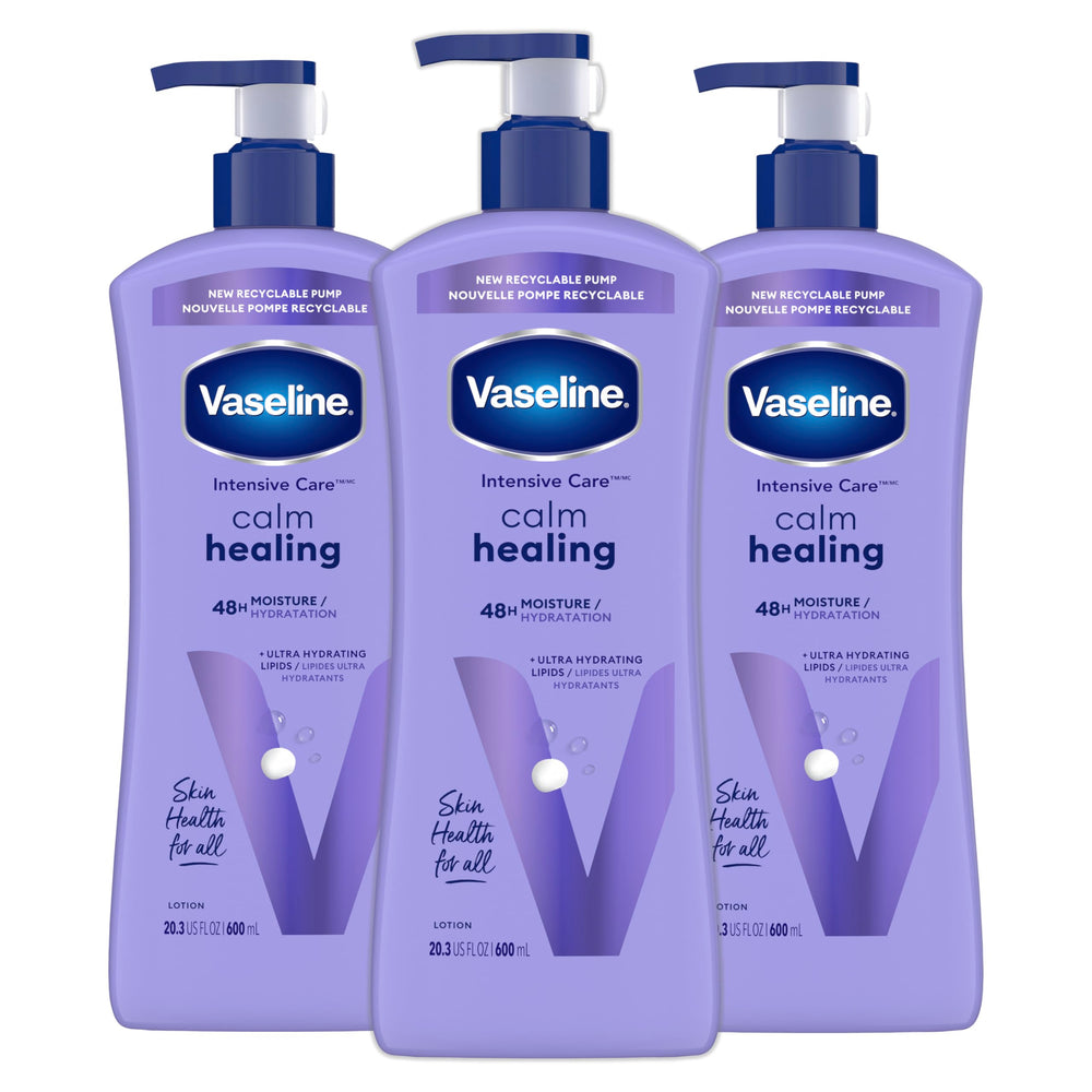 Vaseline Intensive Care Calm Healing Lotion, bouteille : hydratation durable pour peau sèche.