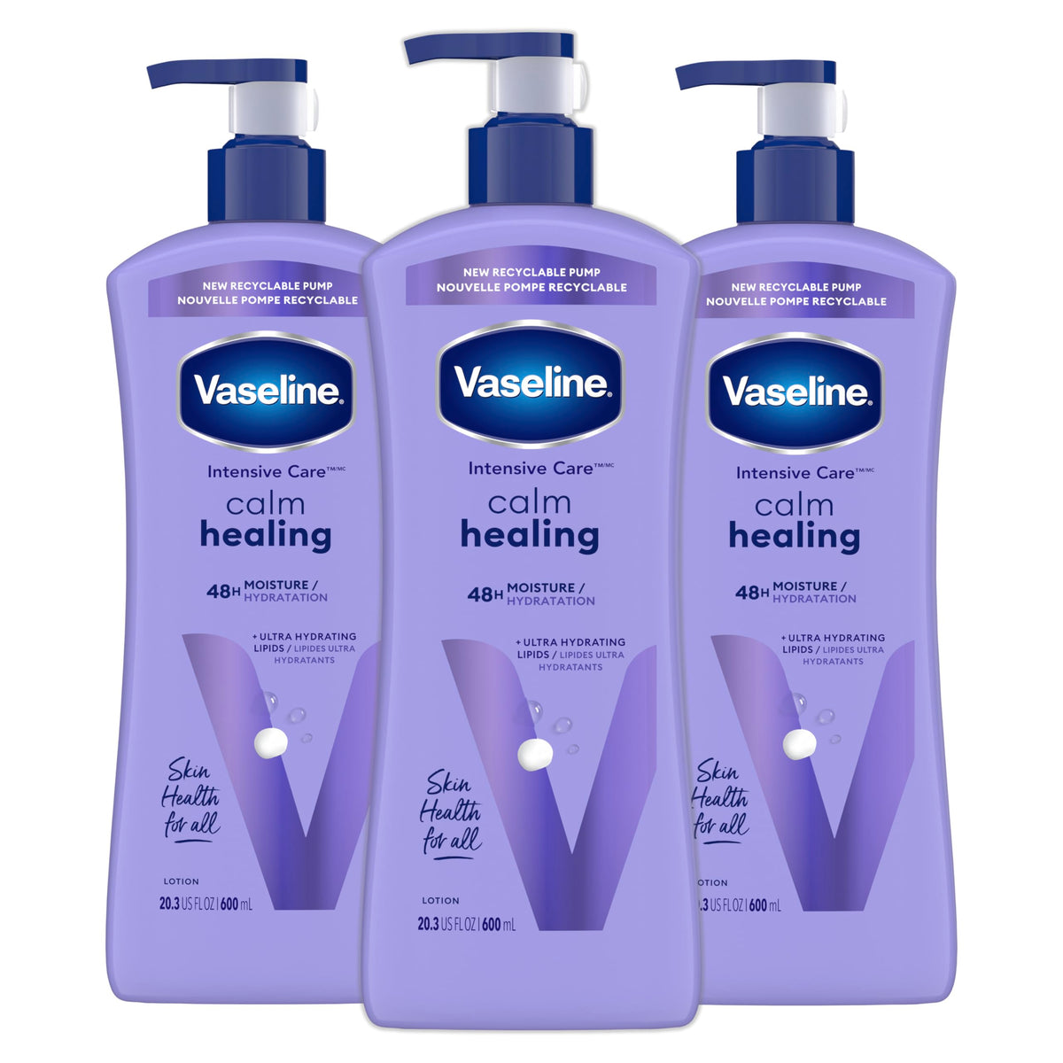 Vaseline Intensive Care Calm Healing Lotion, bouteille : hydratation durable pour peau sèche.