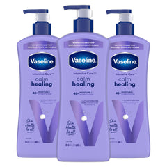 Vaseline Intensive Care Calm Healing Lotion, bouteille : hydratation durable pour peau sèche.