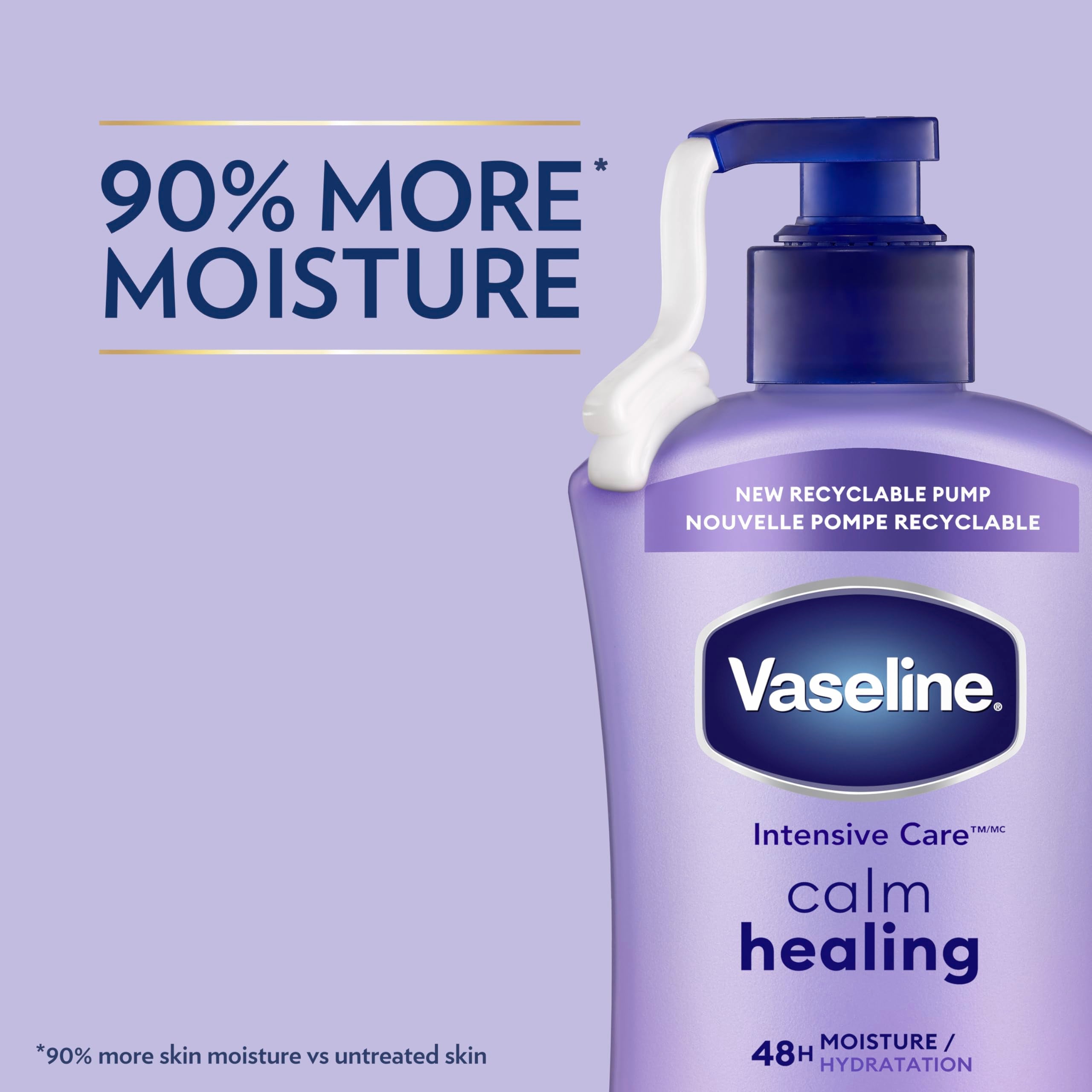 Vaseline Intensive Care Calm Healing Lotion, application quotidienne: peau sèche éclaircie et confort.