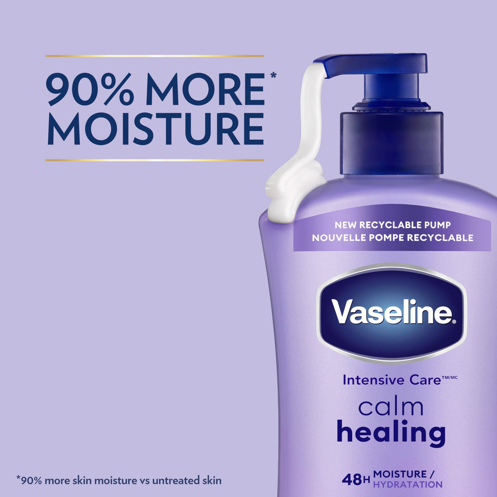 Vaseline Intensive Care Calm Healing Lotion, application quotidienne: peau sèche éclaircie et confort.