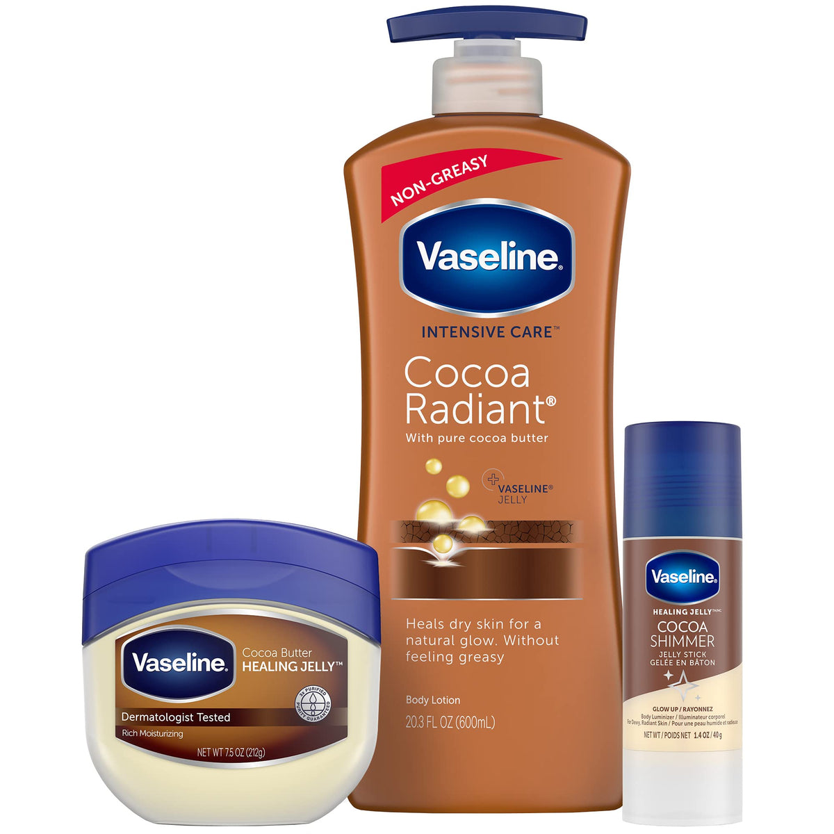 Vaseline Intensive Care Cocoa Radiant Lotion sur la bouteille, hydratation longue durée pour peau sèche.