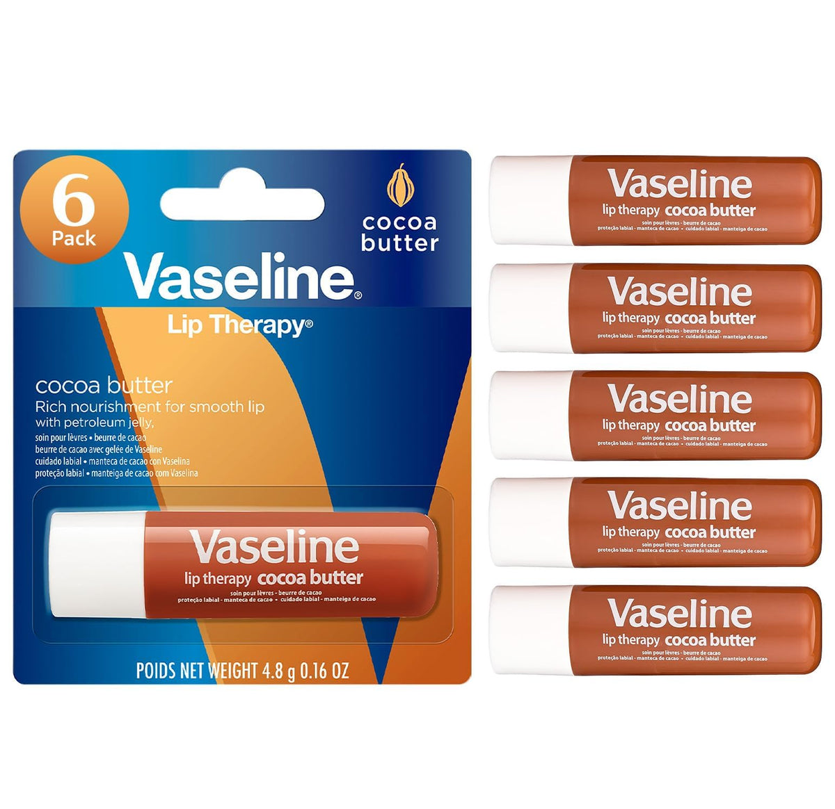 Vaseline Lip Therapy Beurre de cacao emballage 6-pack, hydratation pratique pour les lèvres