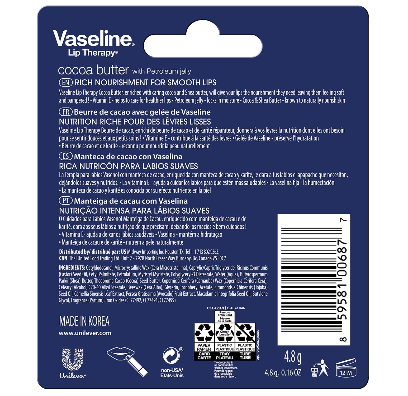 Stick individuel Vaseline Lip Therapy Beurre de cacao, prêt à l emploi