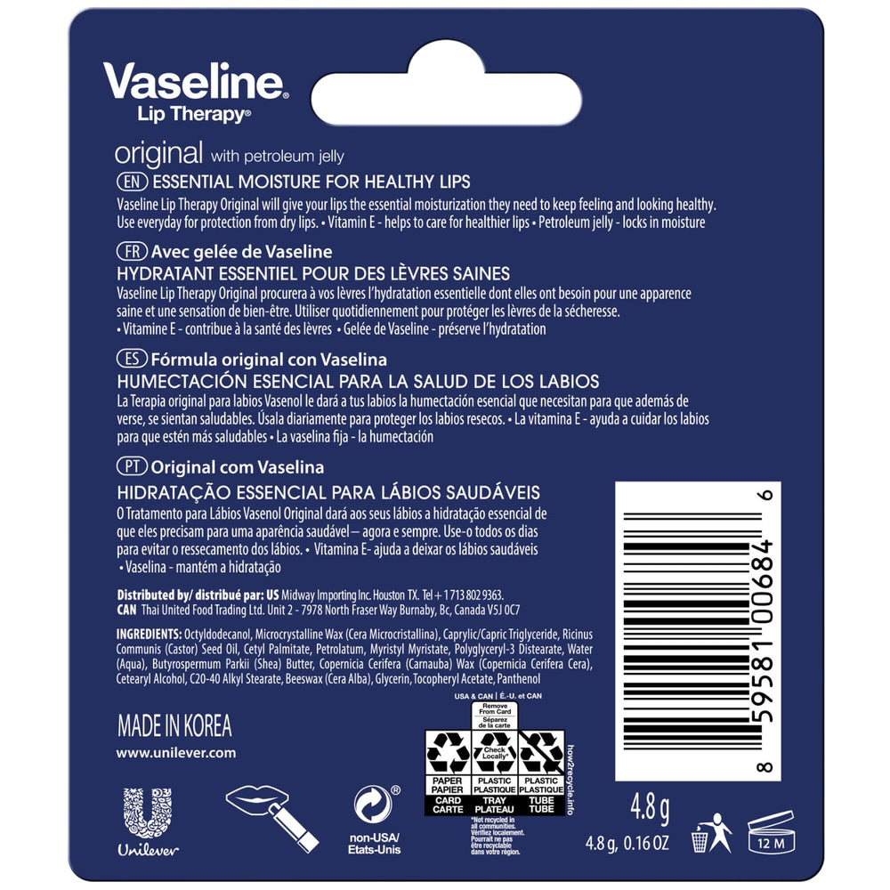 Vaseline Lip Therapy Original 8-pack back view, compact packaging for on-the-go lips.