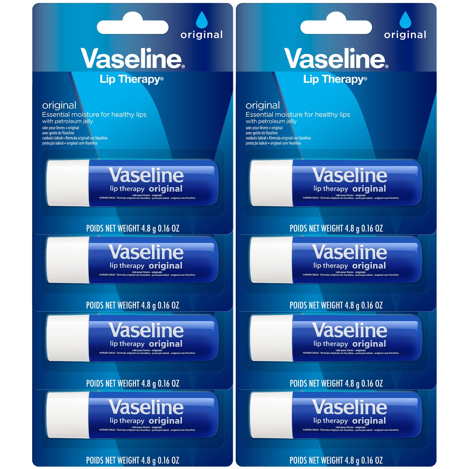 Vaseline Lip Therapy Original 8-pack front view, bulk lip care kit for everyday use.