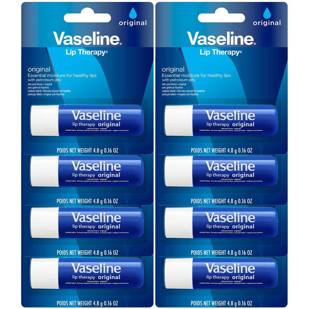 Vaseline Lip Therapy Original 8-pack front view, bulk lip care kit for everyday use.