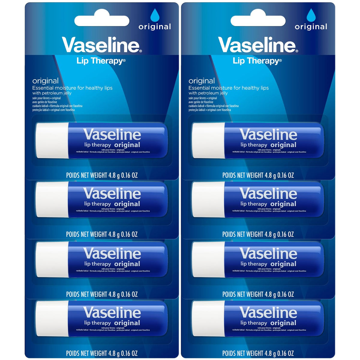 Vaseline Lip Therapy Original 8-pack front view, bulk lip care kit for everyday use.