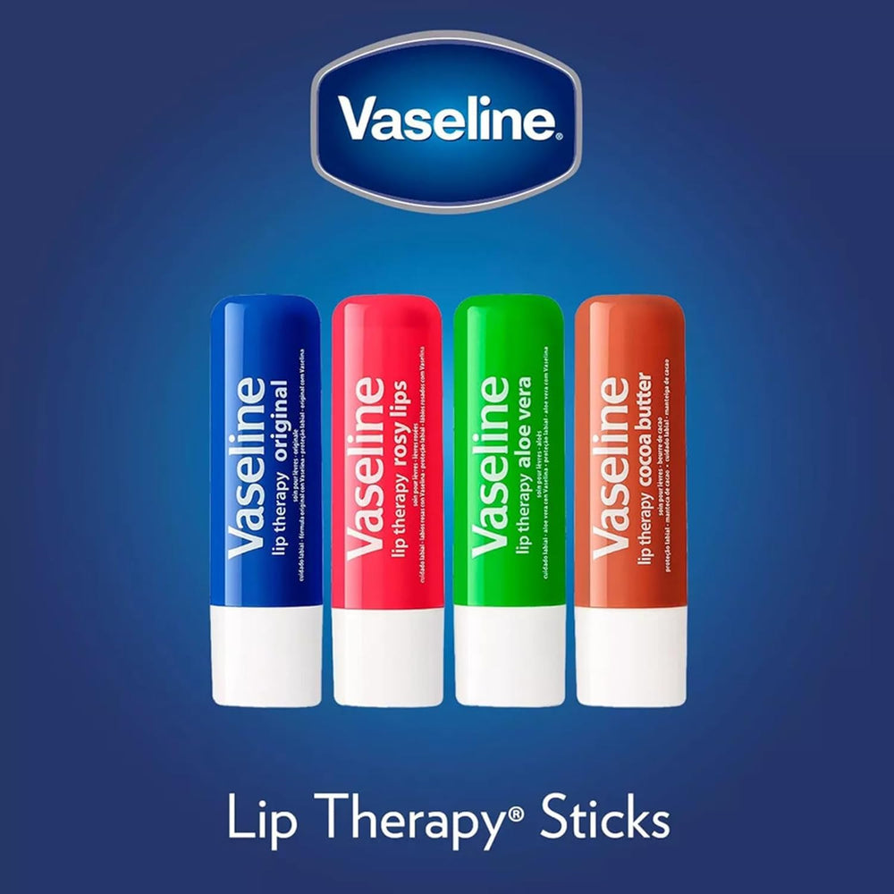 Vaseline Lip Therapy Original packaging closeup, simple and reliable lip care kit.