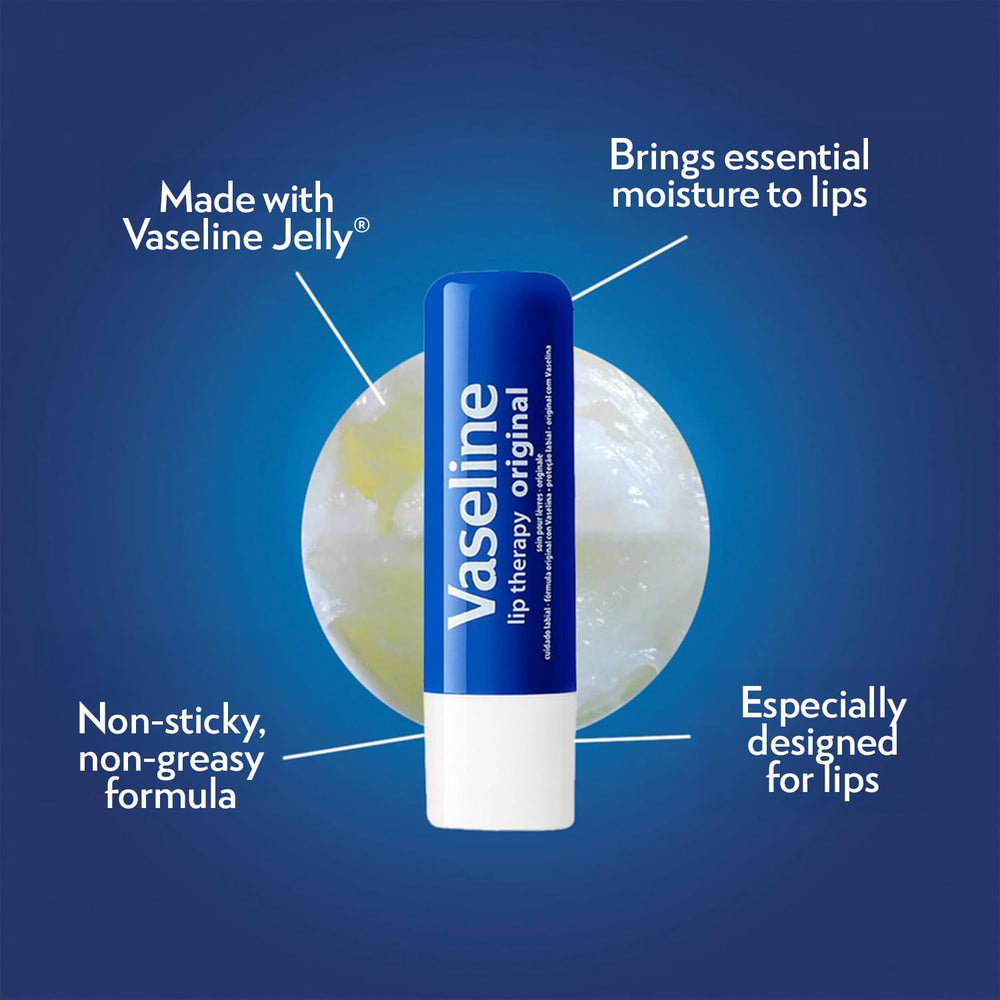 Vaseline Lip Therapy Original close-up detail, non-greasy formula for quick hydration.