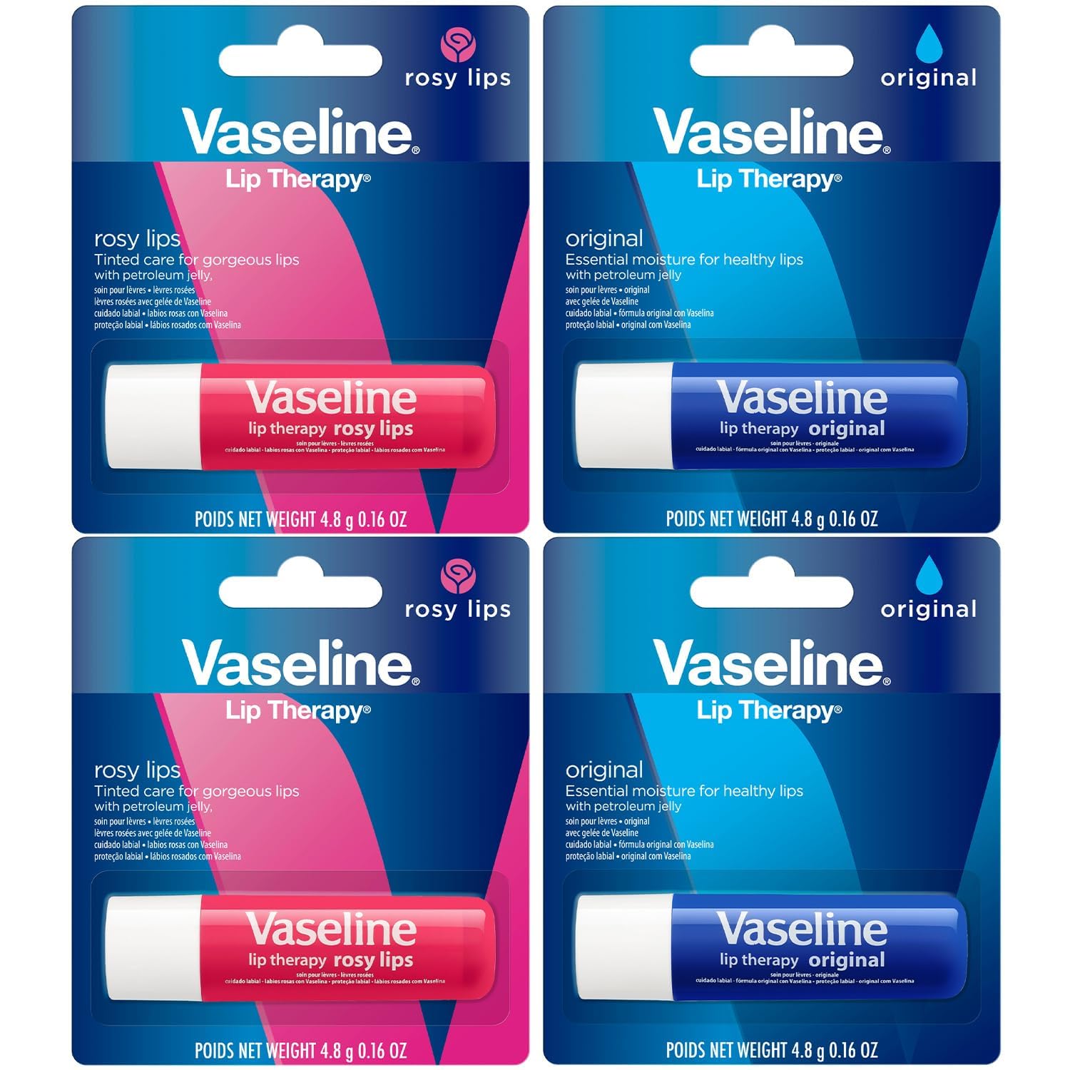 Pack Vaseline Lip Therapy quatre pièces prêt à emporter pour lèvres hydratées