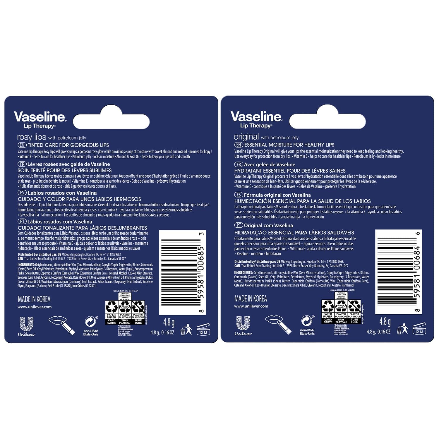 Stick Original Vaseline Lip Therapy, texture douce pour lèvres sèches et irritées
