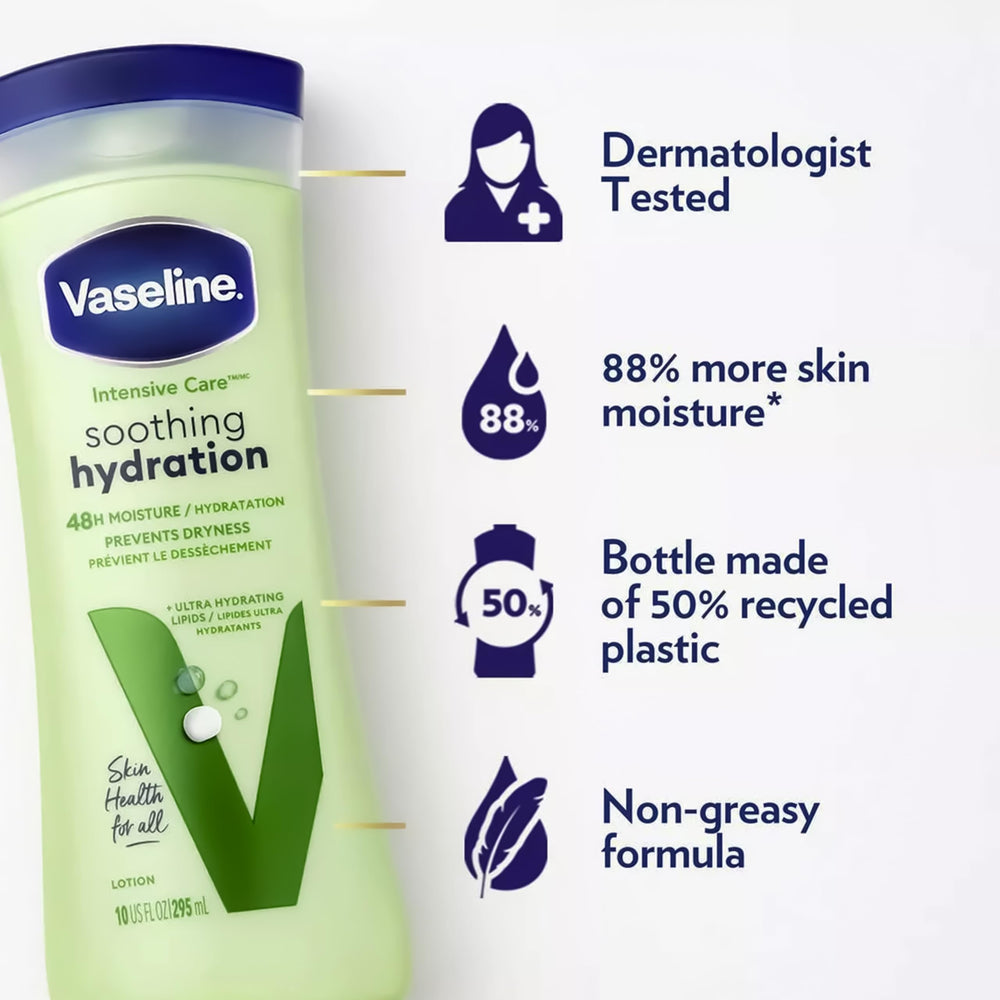 Vasesline Aloe Soothe — plante d’aloe, parfum frais et soin hydratant.