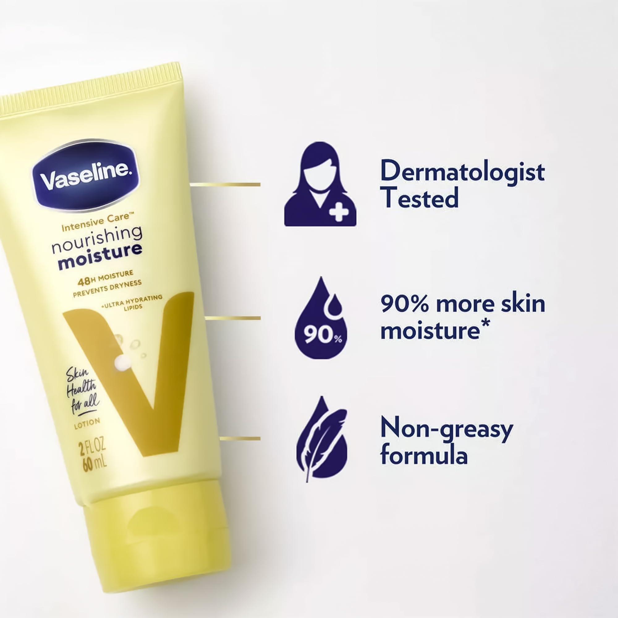Texture non graissante de Vaseline Lotion, absorption rapide sur peau sèche.