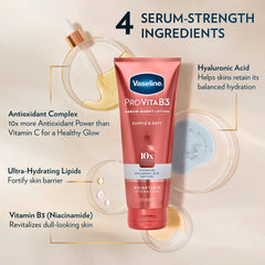 Lueur hydratée après application, effet éclat sain sur la peau Vaseline Pro VitaB3.