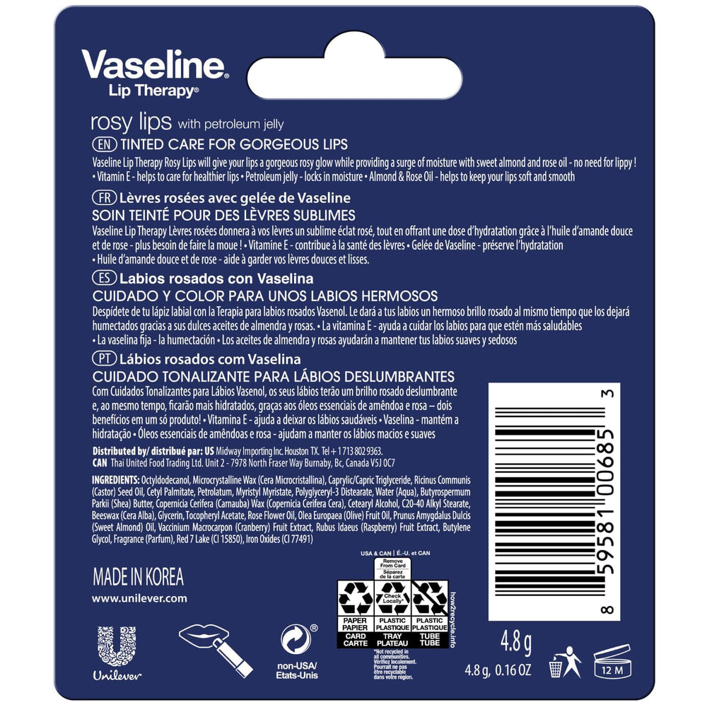 Vaseline Rosy Lips balm tube close-up showing creamy texture