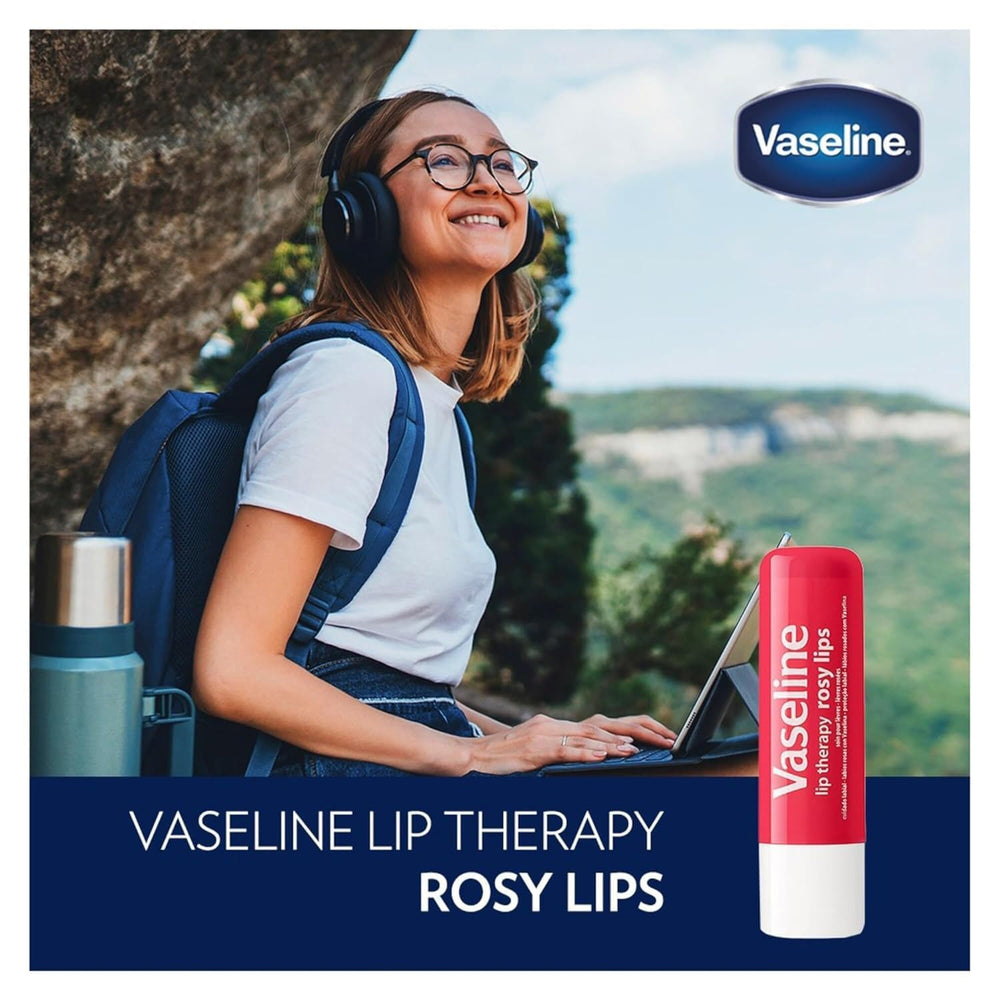 Vaseline Rosy Lips on dry lips providing quick moisturization
