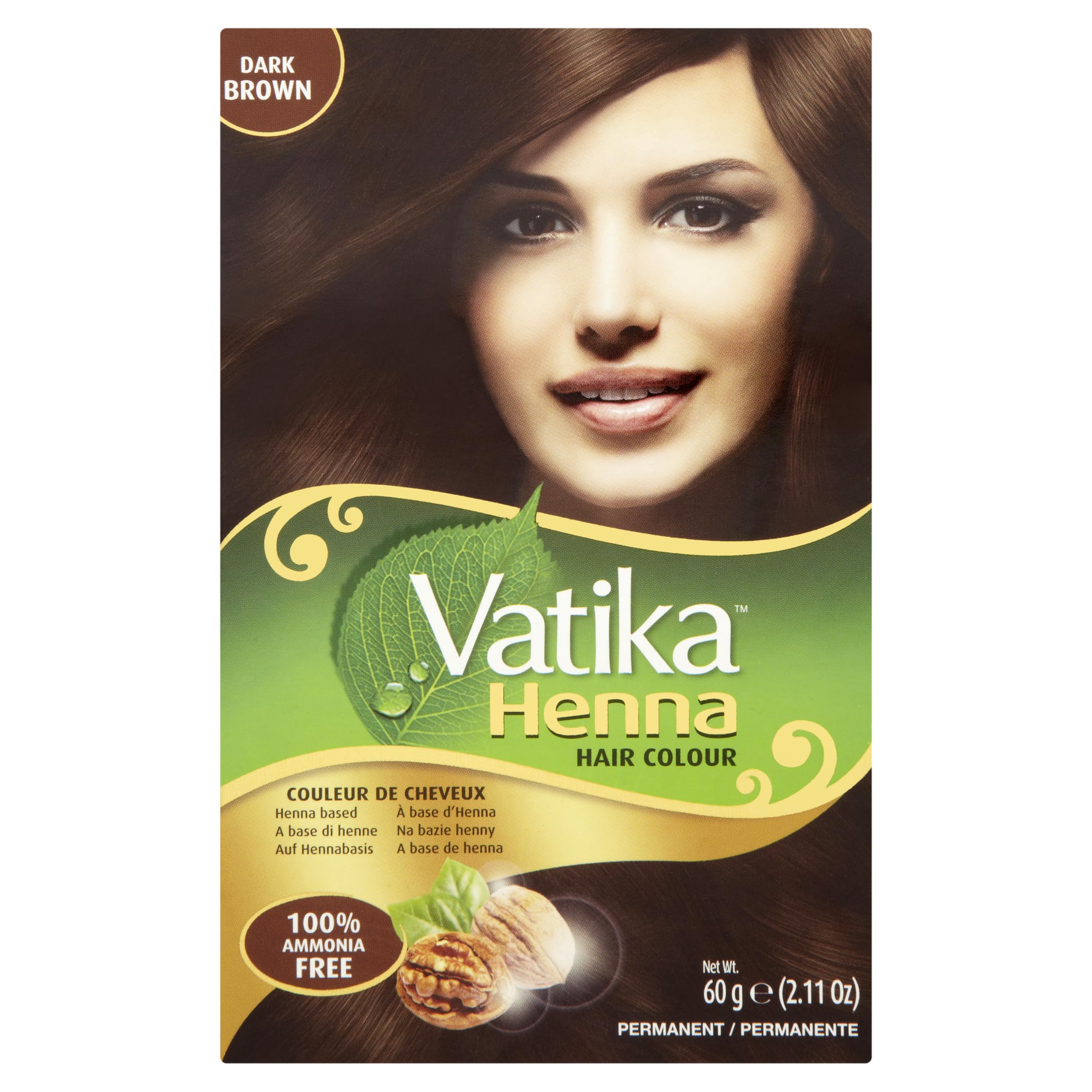 Vatika Naturals coloration brun foncé sans ammoniac, couvrance des gris, brillance naturelle