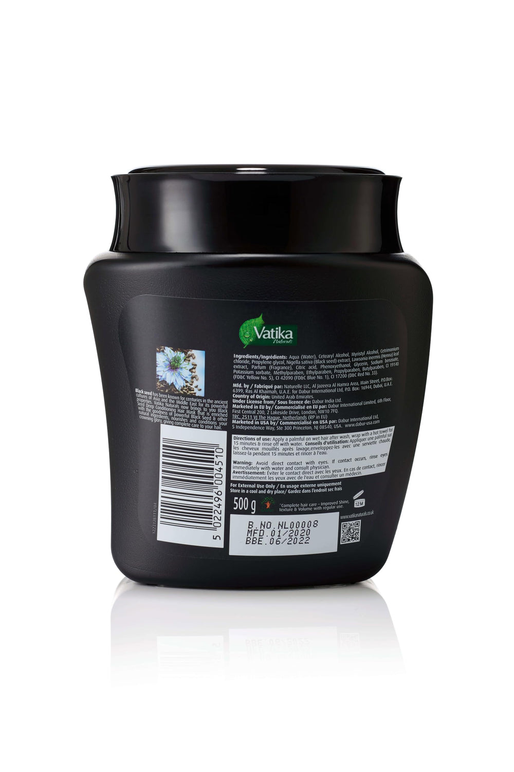 Vatika Naturals pot masque 500ml, format généreux pour un soin profond et régulier.